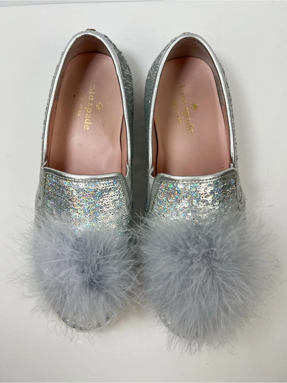 Kate Spade Latisa Silver Sequin Pom Pom Slip On Sneakers size 7.5 Small Flaw